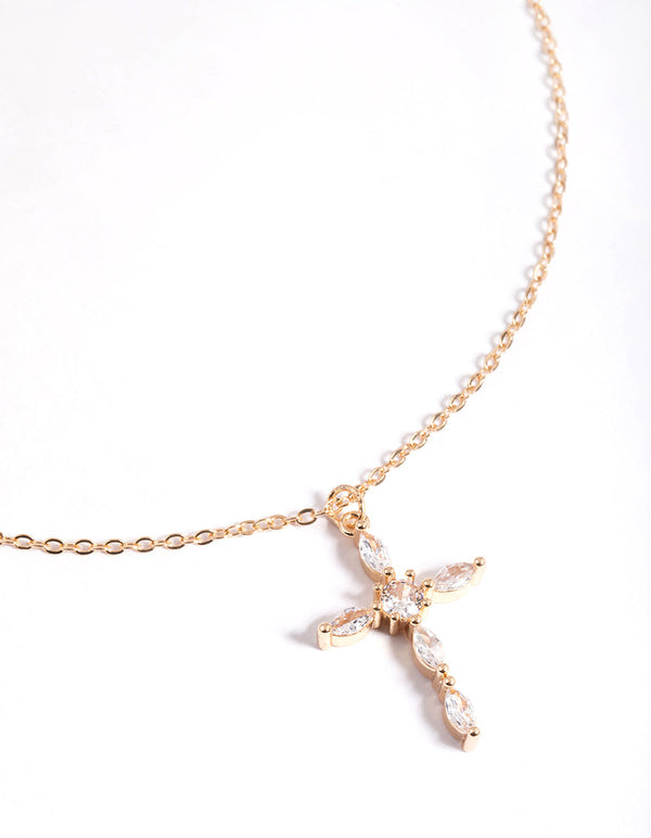 Gold Classic Diamante Cross Necklace