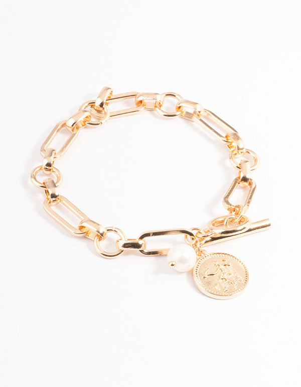 Gold Chunky Coin & Pearl Bracelet