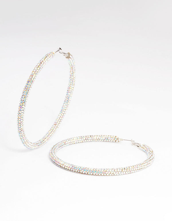 Silver 85mm Diamante Crust Hoop Earrings