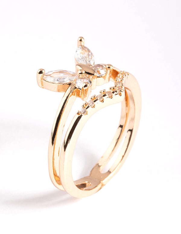 Gold Cubic Zirconia Butterfly Double Band Ring - Lovisa
