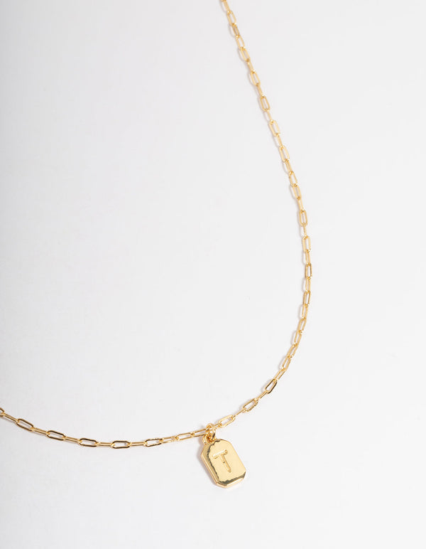 Letter 'T' Gold Plated Rectangle Pendant Initial Necklace