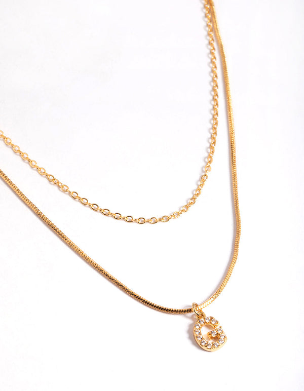Letter G Gold Plated Layered Diamante Initial Necklace
