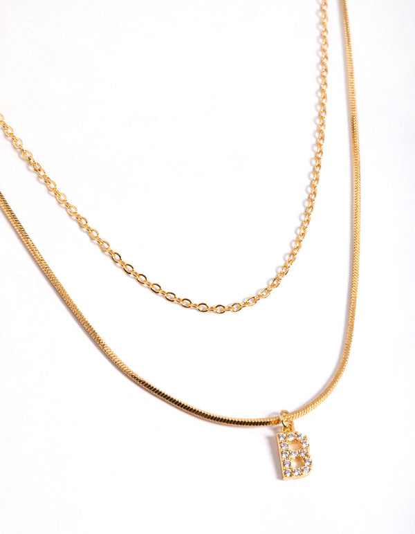 Letter B Gold Plated Layered Diamante Initial Necklace