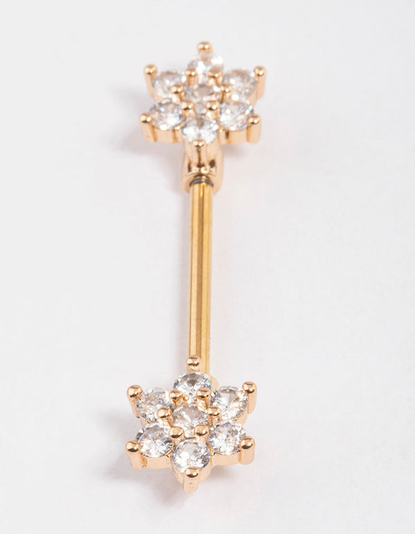 Gold Plated Surgical Steel Cubic Zirconia Flower Nipple Bar