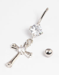 Rhodium Surgical Steel Cubic Zirconia Cross Drop Belly Ring - link has visual effect only