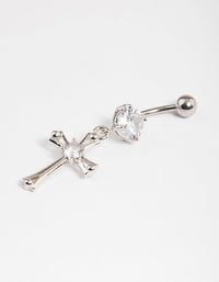Rhodium Surgical Steel Cubic Zirconia Cross Drop Belly Ring - link has visual effect only