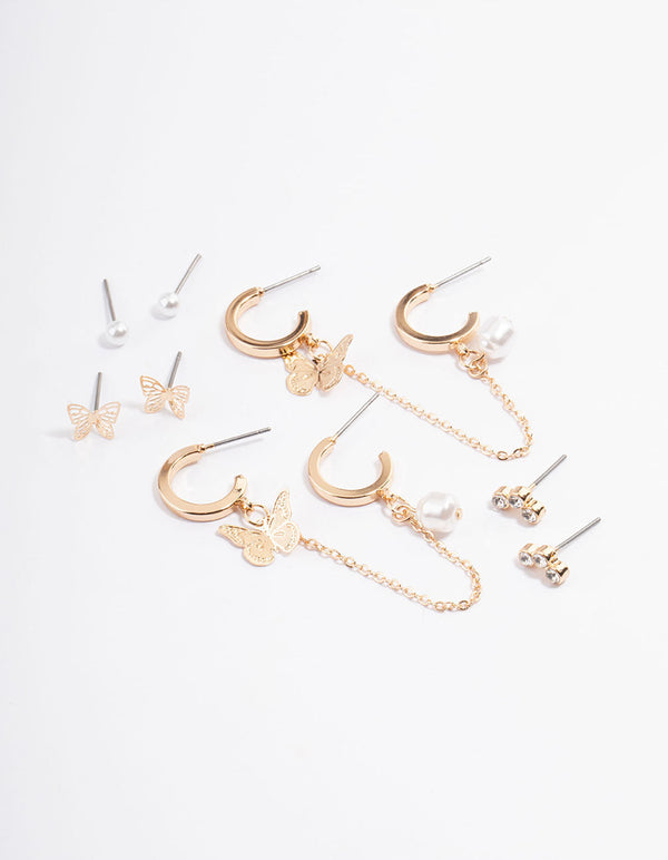 Gold Butterfly Pearl Stacker Earrings 5-Pack