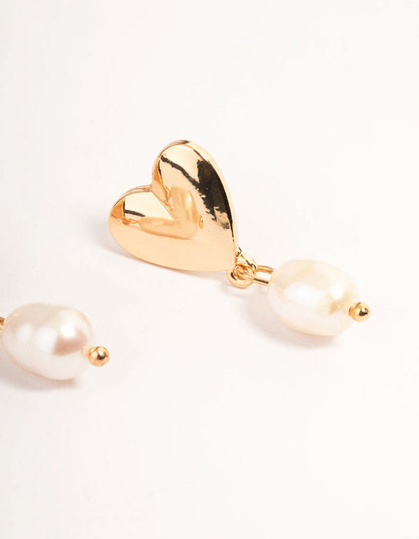 Gold Heart & Pearl Drop Earrings