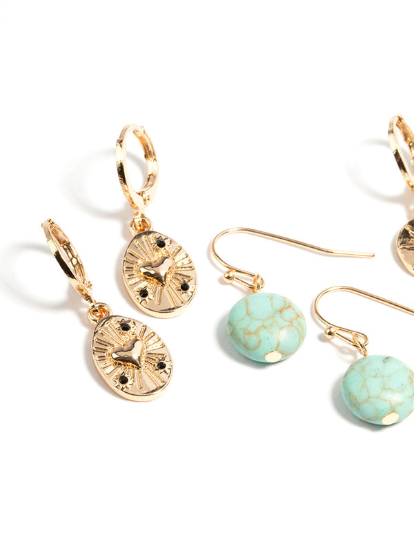 Gold Semi Precious Coin Earrings Set