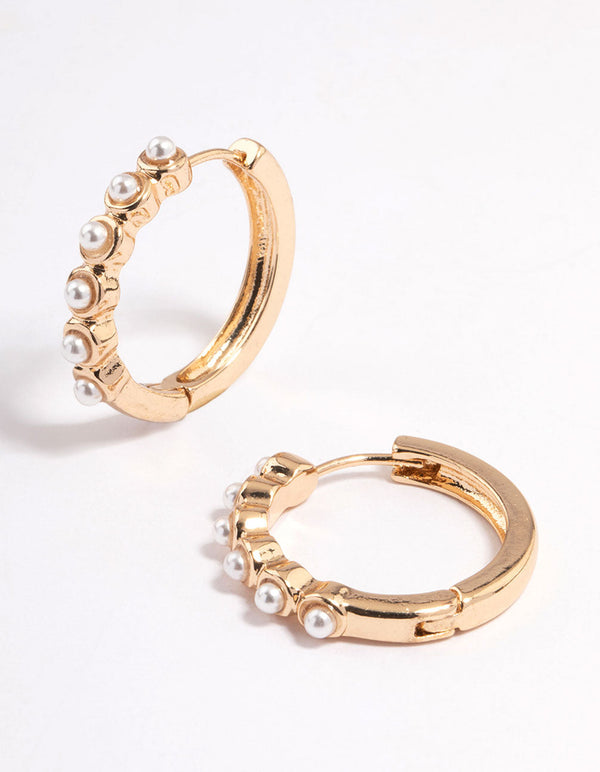Gold Medium Dotted Pearl Huggie Earrings