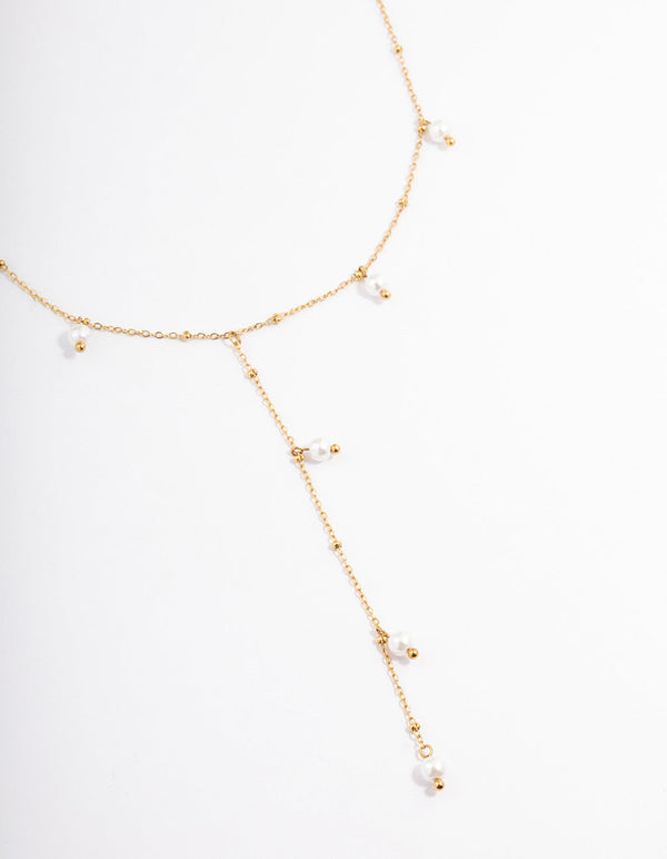Gold Plated Stainless Steel Pearl Y-Neck Drop Necklace