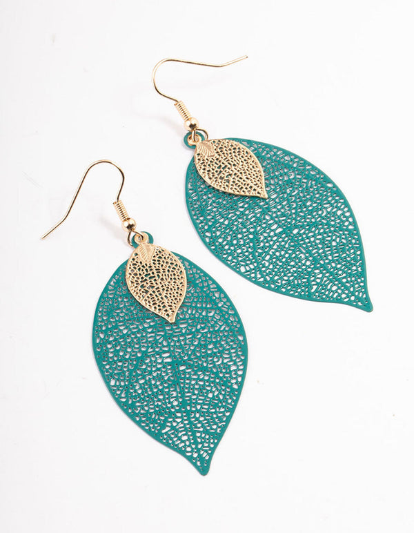 Green Double Leaf Drop Earrings