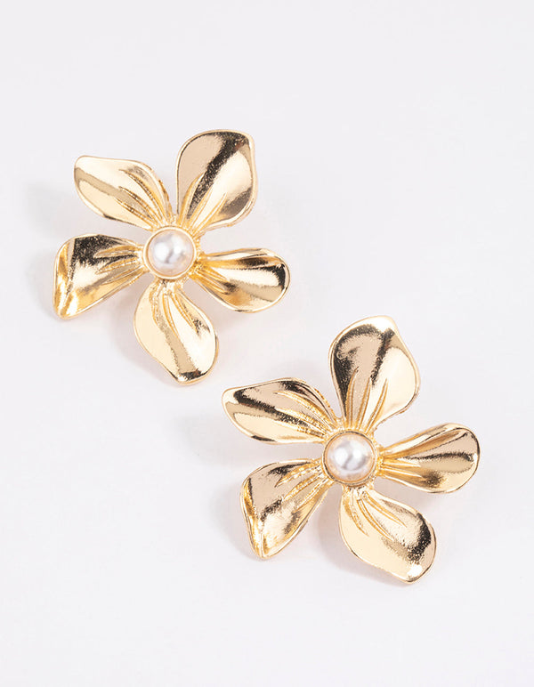 Gold Large Basic Flower Stud Earrings