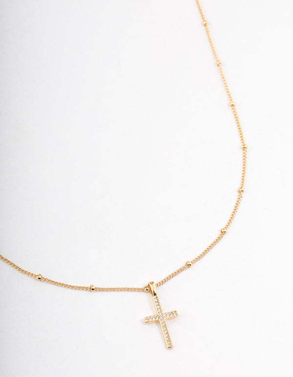 Gold Plated Cubic Zirconia Paved Cross Necklace