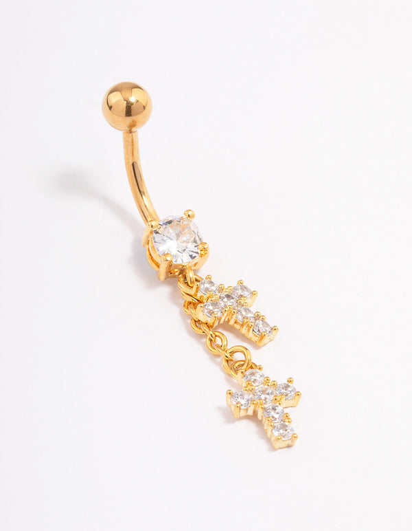 Gold Plated Surgical Steel Double Cross Drop Belly Ring