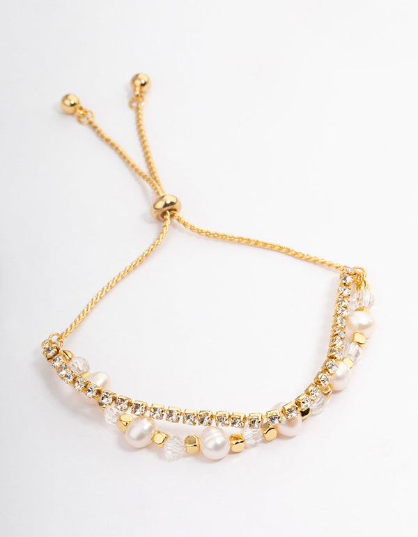 Gold Plated Freshwater Pearl & Facet Cupchain Bracelet