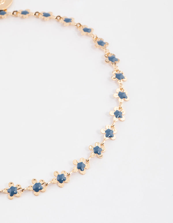 Gold Mini Blue Flower Chain Anklet