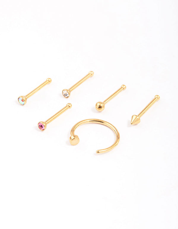 Gold Plated Surgical Steel Nail & Arrow Nose Ring 6-Pack