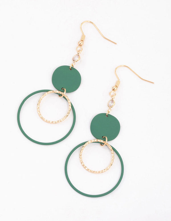 Green Disc & Open Circle Drop Earrings