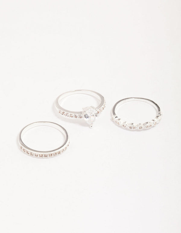 Silver Plated Cubic Zirconia Teardrop Stone Ring Pack