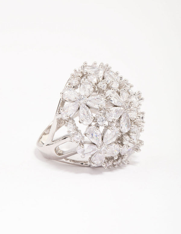 Rhodium Flower Dome Cocktail Ring