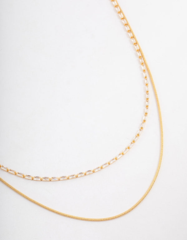 Gold Plated Cubic Zirconia Dainty Baguette Layered Necklace