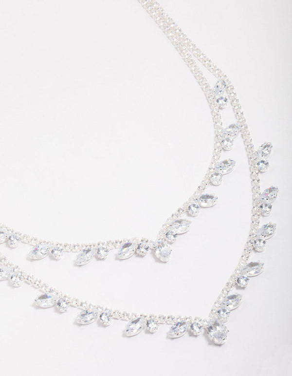 Silver Cubic Zirconia Double Layer Pear Stone Necklace