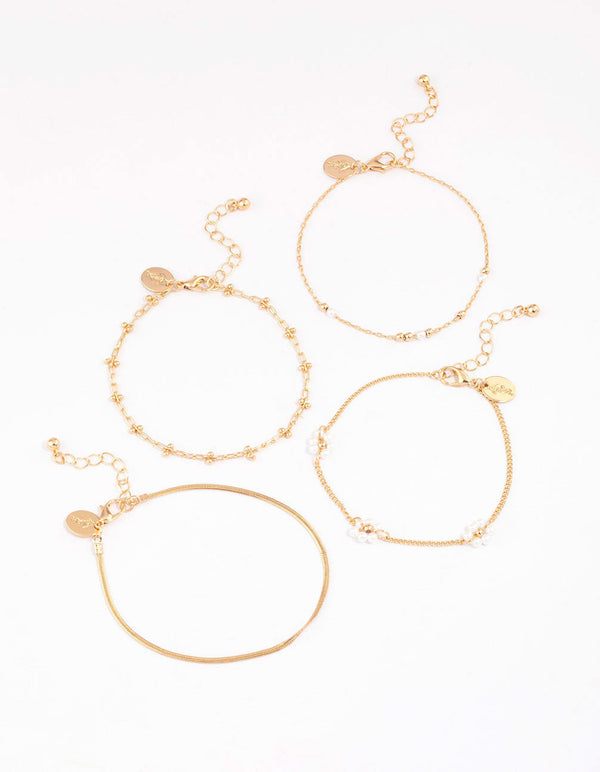 Gold Chain Pearly Flower Bracelet & Anklet 4-Pack Set