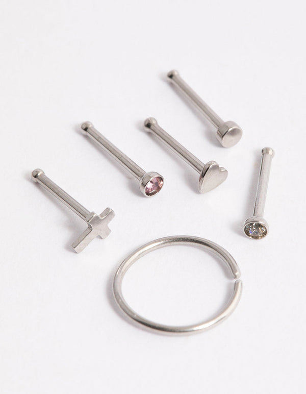 Surgical Steel Heart & Cross Nose Stud 6-Pack