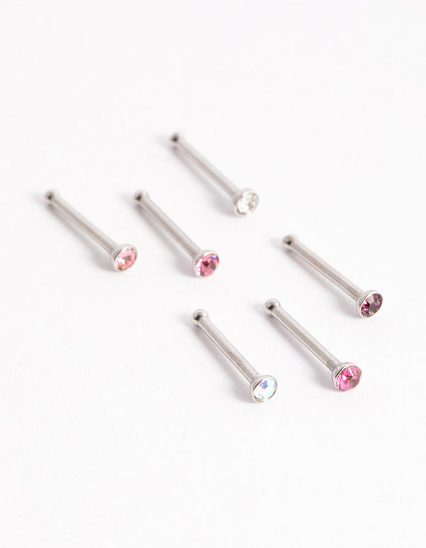 Surgical Steel Multi Cubic Zirconia Clear Nose Stud 6-Pack