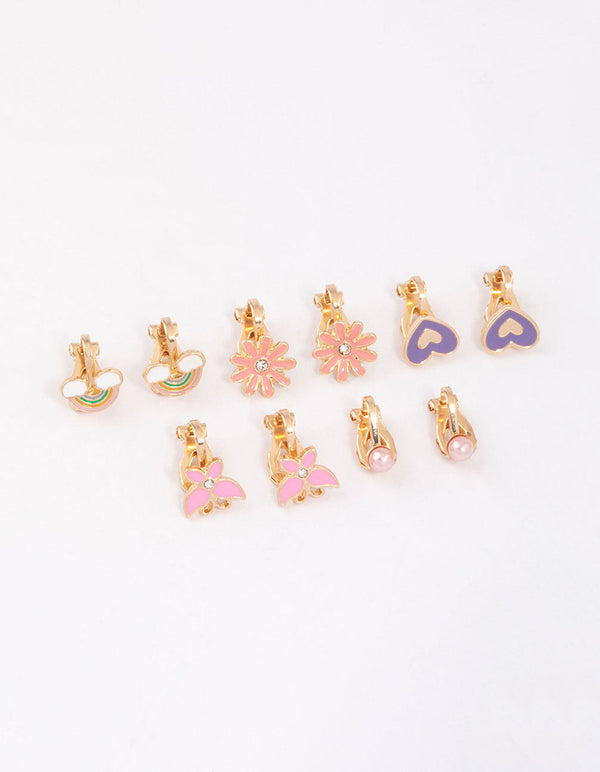 Kids Pink Flower Clip On Stud Earrings 6-Pack