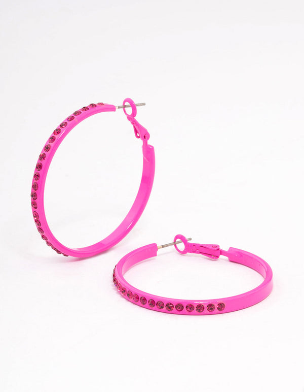 Pink Diamante Thin Hoop Earrings