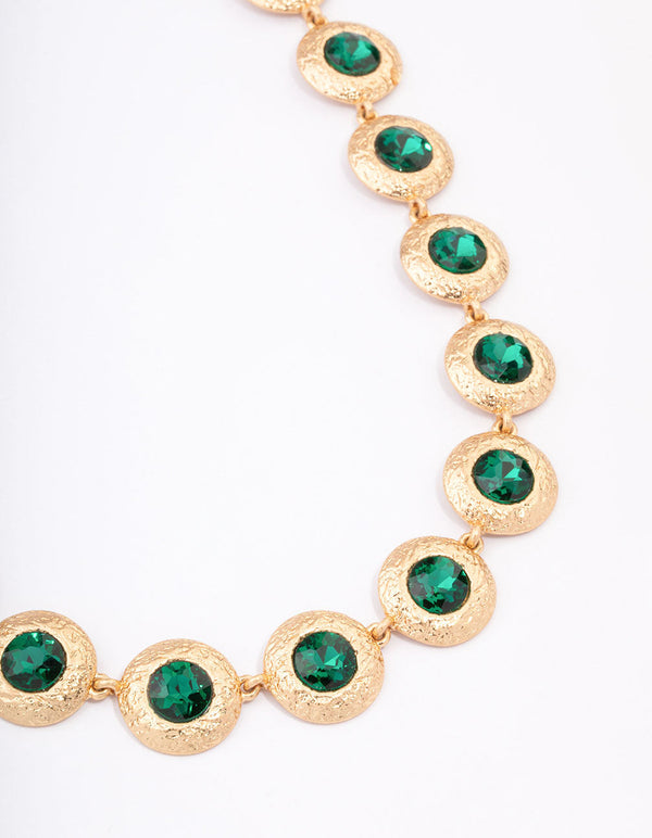 Gold Hammered Diamante Round Short Necklace