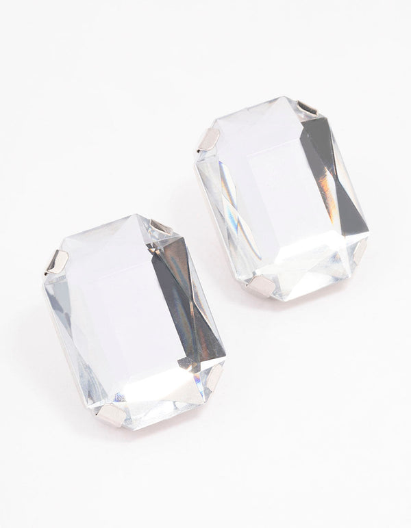 Rhodium Large Diamante Stud Clip On Earrings