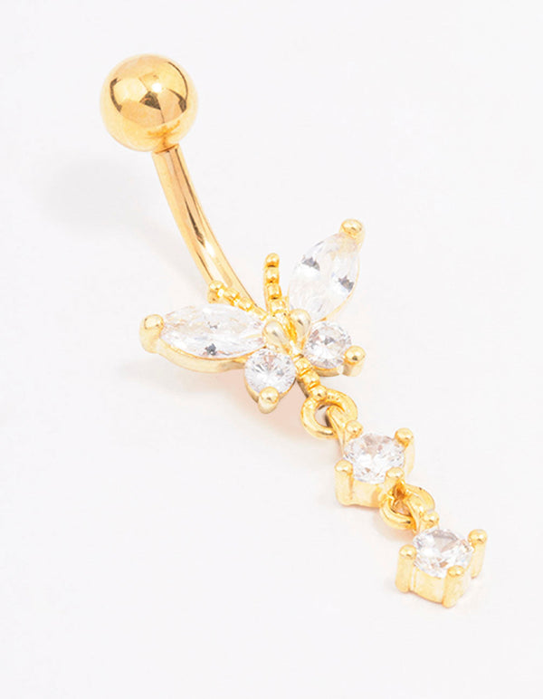 Gold Plated Surgical Steel Cubic Zirconia Butterfly Drop Belly Ring